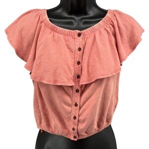 We The Free Free People Ruffle Snap Front Top Washed Pink‎ Coral Linen Blend XS